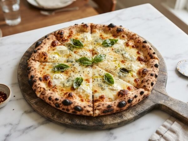 Quattro Formaggi wood-fired pizza with charred leopard-spotted crust and four melted cheeses