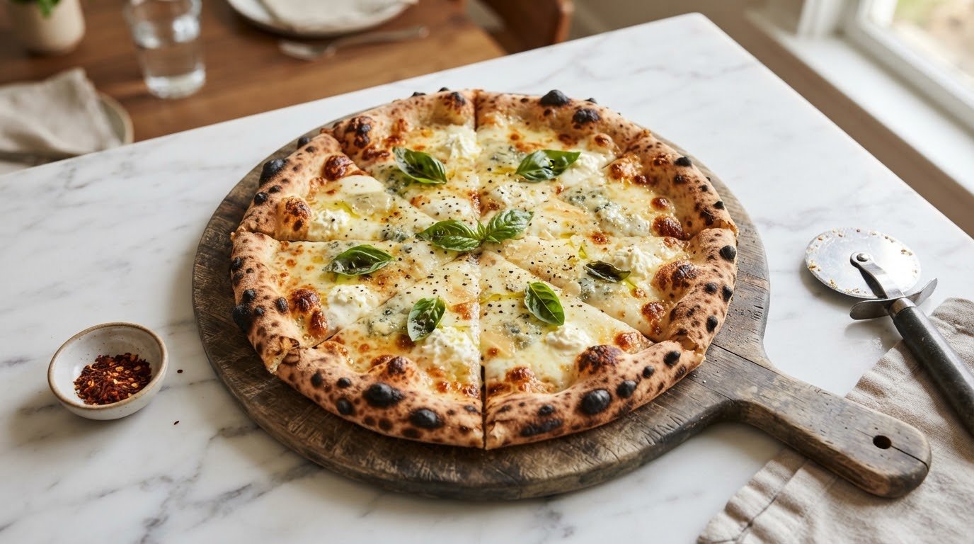 Quattro Formaggi wood-fired pizza with charred leopard-spotted crust and four melted cheeses