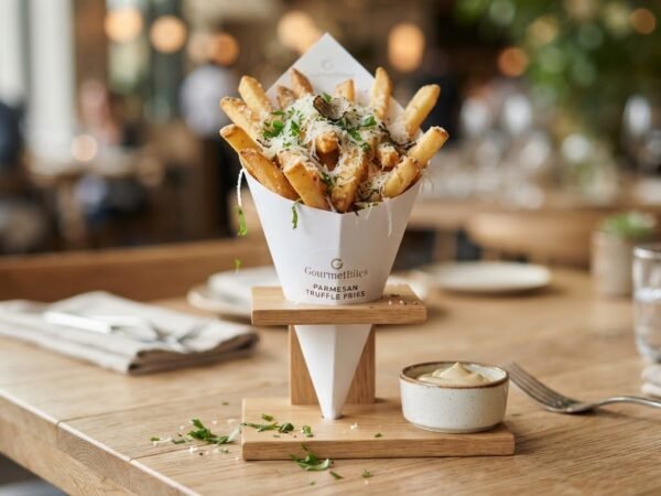 Parmesan truffle fries in a minimalist white cone dusted with fresh herbs and cheese