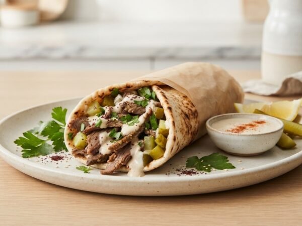 Slow-roasted lamb shawarma wrap with pickled cucumbers, tahini drizzle and fresh parsley